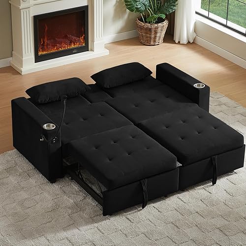 Miniatura 41 de sofá cama de terciopelo de 58 pulgadas, convertible 3 en 1 con bolsa de almacenamiento y respaldo ajustable, perfecto para espacios pequeños, sala 7