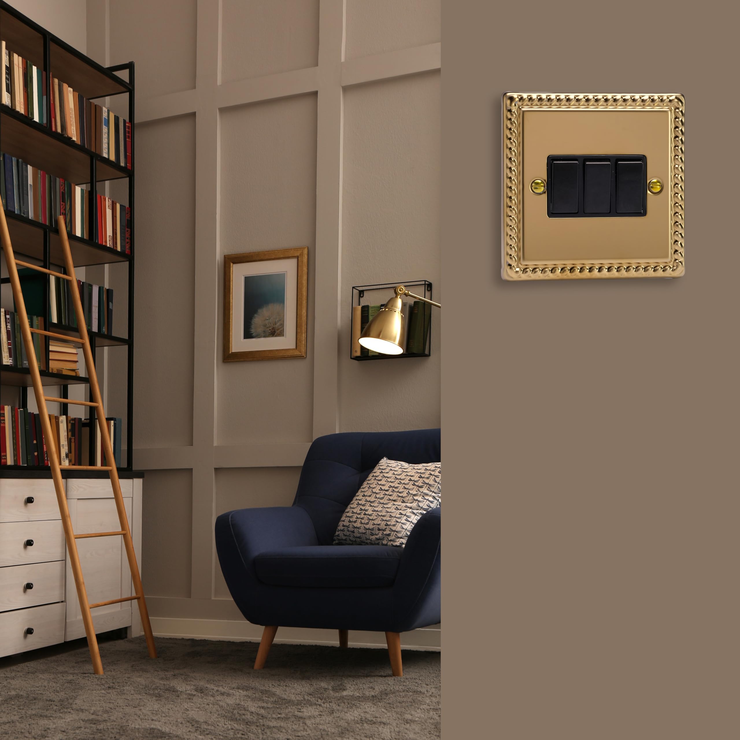 Varilight Triple Rocker Light Switch 2-Way - Classic Georgian Brass With Black Rockers, XG3B, 95x95x25mm - Image 2