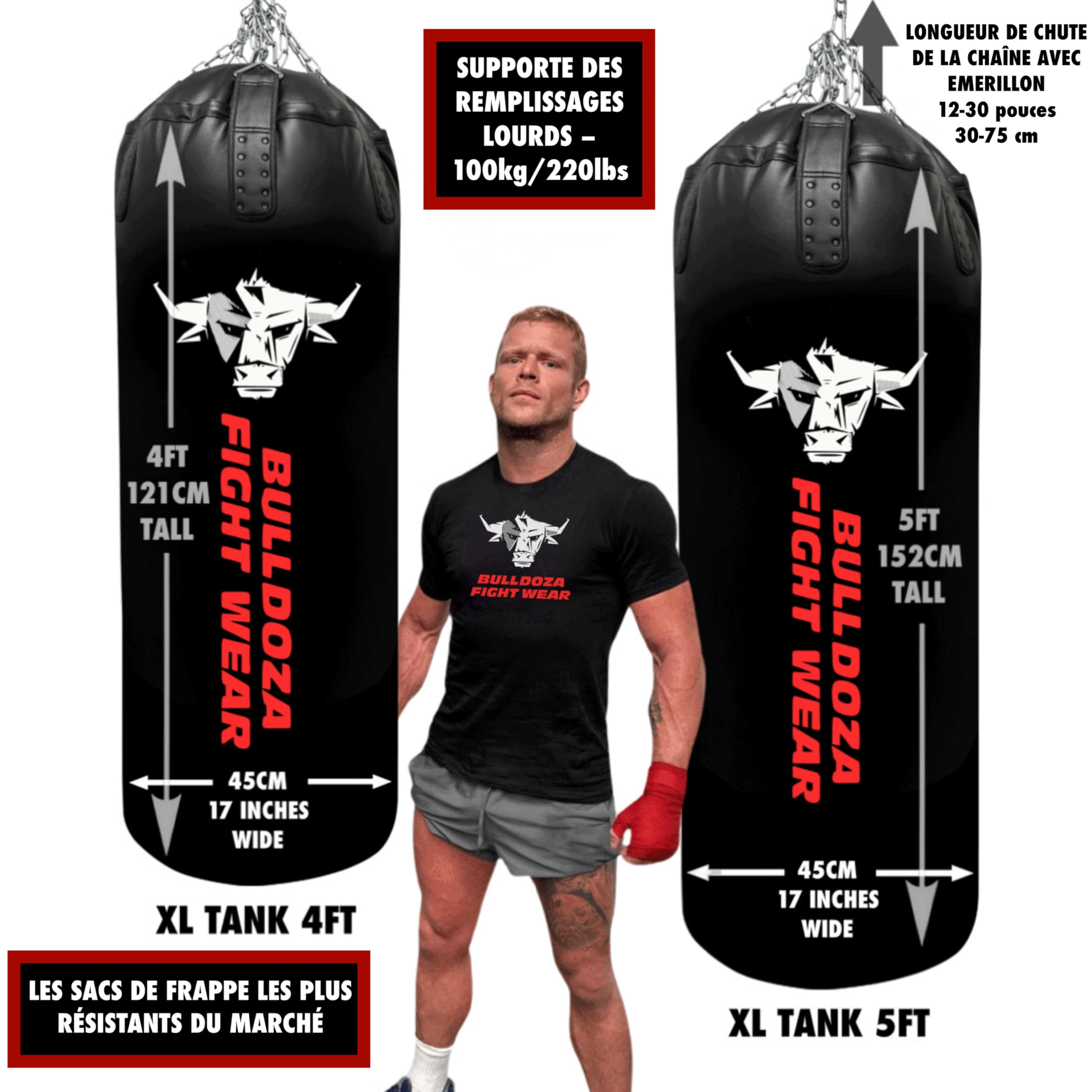 XL Tank Bull Doza Fight Wear Sac de Frappe Solide Auto-Remplissage - Sac de Frappe avec Chaînes Suspendues Pivotant Mousquetons - Sac de Boxe