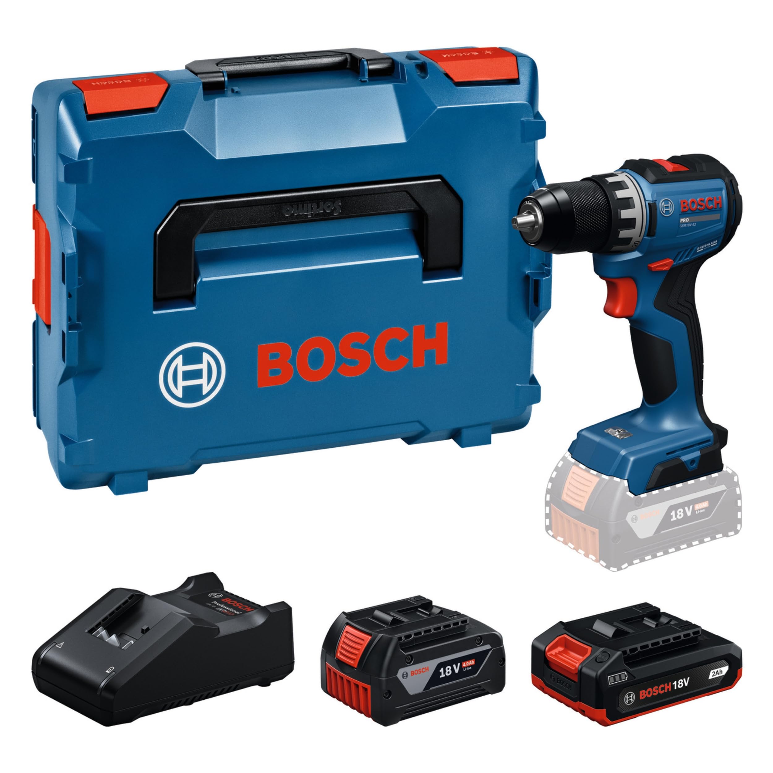 Bosch PRO 18V System Wiertarko-wkrętarka akumulatorowa GSR18V-52 (akumulatory: GBA 18V 2.0Ah, GBA 18V 4.0Ah, ładowarka GAL 18V-40, walizka L-BOXX)
