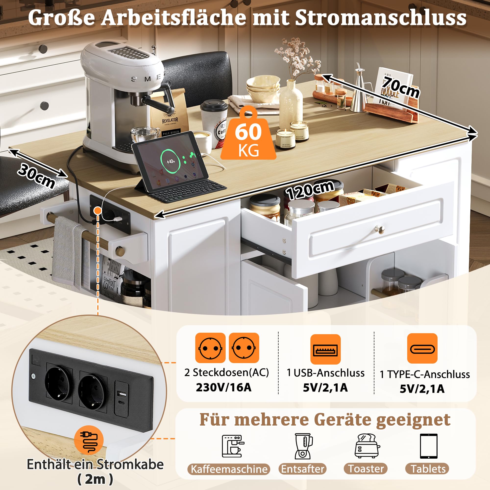 Kücheninsel mit Rollen & ausziehbarer Tischplatte, Mobile Kücheninsel mit Steckdosen, Schubladen & Abfalltrennsystem, Platzsparender Küchentrolley für kleine Küchen & Esszimmer (Weiß)