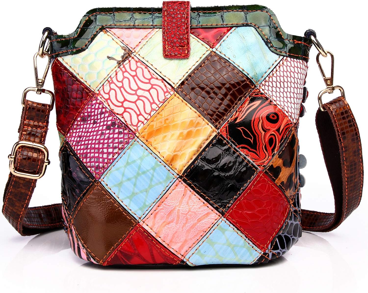 Women 3D Floral Multicolor Small Crossbody Bag Genuine Leather Handbag Snake Pattern Colorful Spliced Shoulder Purse - Image 5