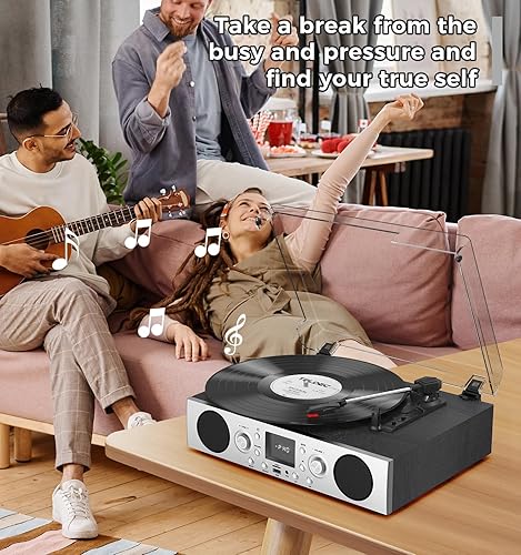 Miniatura 8 de VinylsLink - Tocadiscos con altavoces integrados, tocadiscos accionados por correa, soporte de 3 velocidades, radio FM y recepción Bluetooth, salida