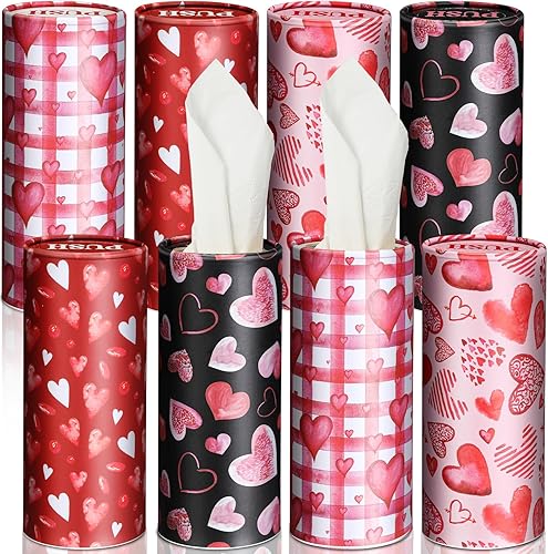 Pasimy Paquete de 8 pañuelos para el día de San Valentín con 3 capas de pañuelos faciales a granel con temática de San Valentín cilíndricos cajas