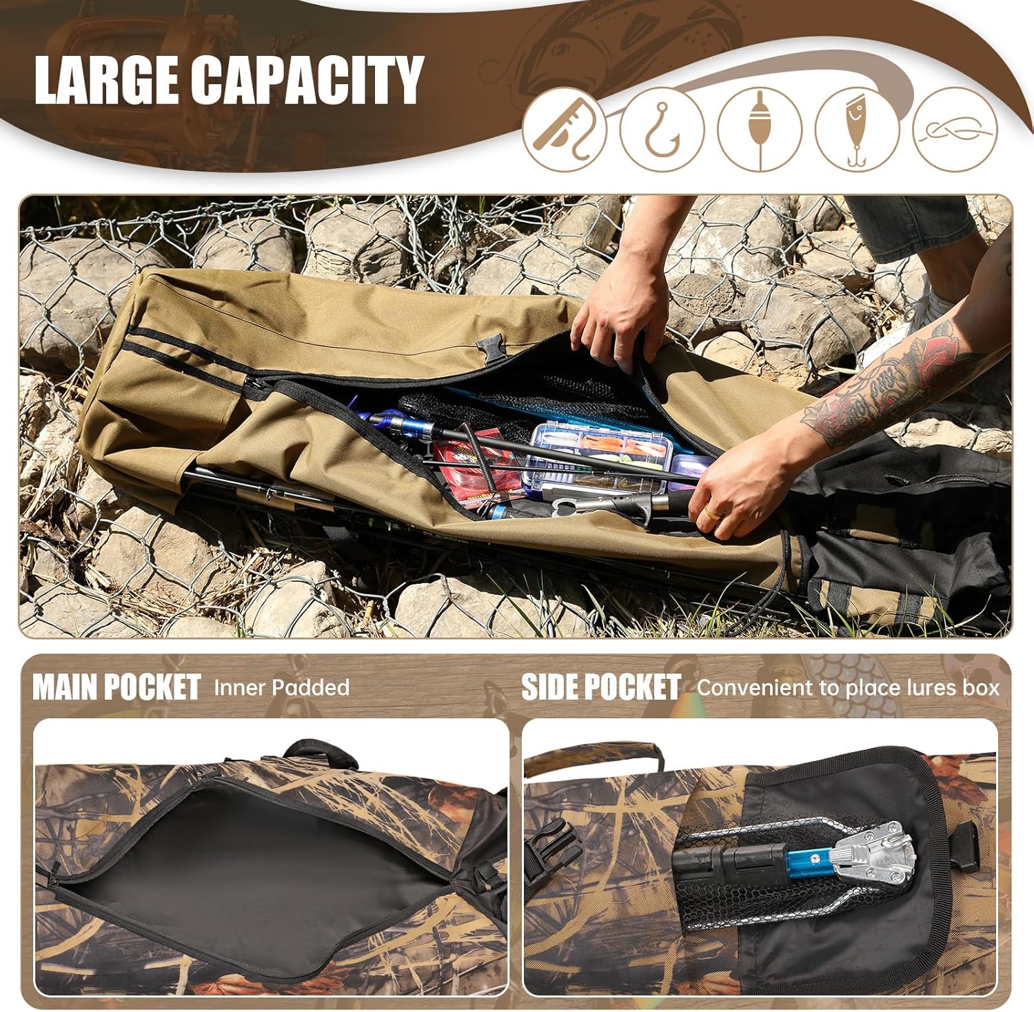 Wowelife Fishing Rod Bag Fishing Rod Case, Durable Folding Oxford Fabric Portable Large Capacity Waterproof, Fishing Gear for Men