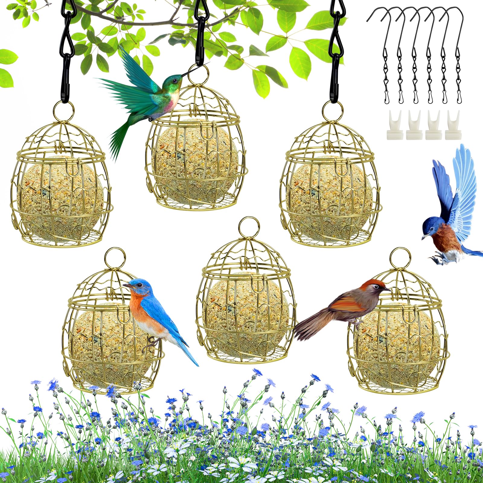 Tufa Comedero para Pájaros, 6 Piezas Comedero Pájaros Bolas de Grasa para Colgar, Comedero Pájaros Exterior, Comedero Pájaros Salvajes, Alimentador de pájaros de Metal para Balcón Jardín