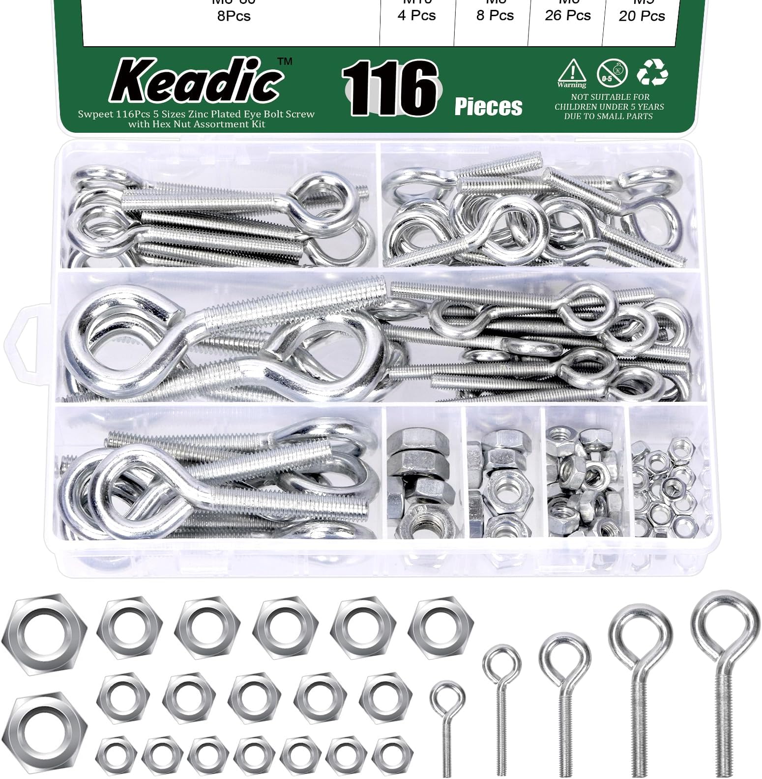 Keadic 58Pcs 6 Sizes Eye Bolt Screw with Nut Assortment M5 M6 M8 M10 Marine Grade Carbon Steel Zinc Plated Lifting Ring Threaded Eyebolts for Hanging Curtains Clotheslines Fencing Boat