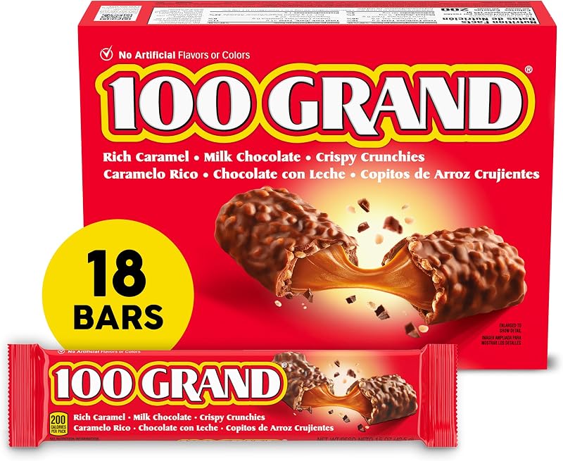 100 Grand Chocolate con leche crujiente con caramelo, barras de caramelo de tamaño completo envueltas individualmente, 1.5 oz cada una, caja a granel de 18 unidades