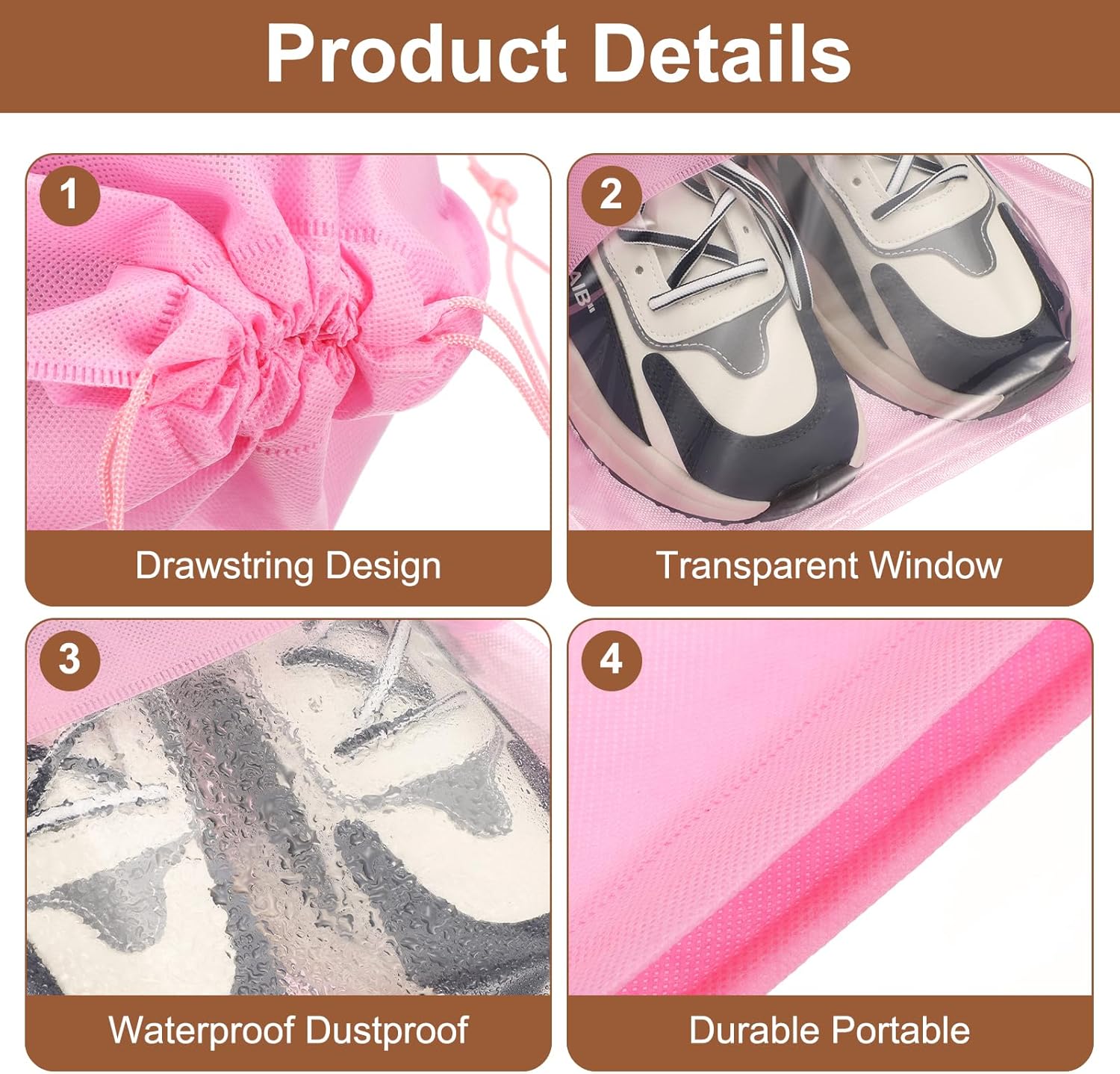 HARFINGTON 12pcs Travel Shoe Bags Non-Woven Drawstring Organizers Bags Dustproof Portable Travel Shoe Storage Bags with Clear Window Fit Men and Women for Travel Sport Home Use, Pink - Image 4