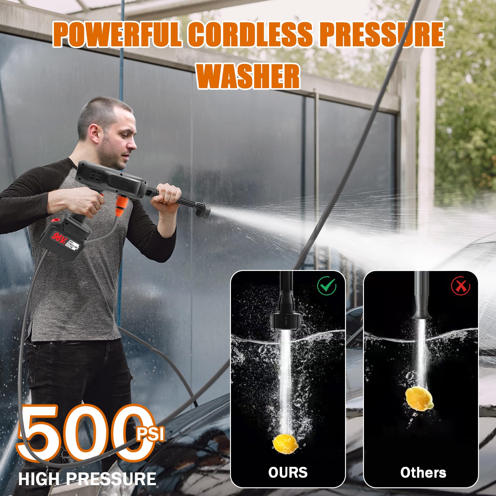 Pistola de Lavado a presión inalámbrica, Lavadora eléctrica inalámbrica de Alta presión de 500 PSI, Lavadora a presión portátil con Boquilla 6 en 1, Lavadora