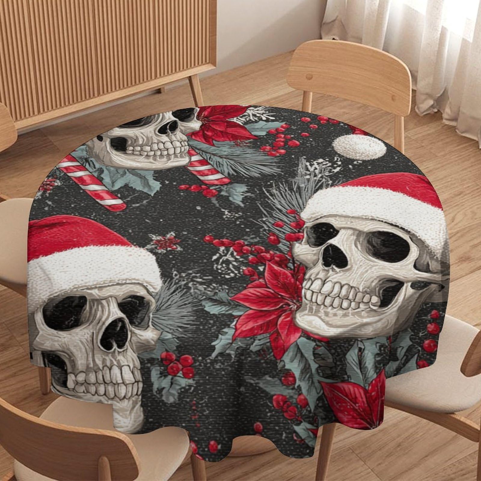 LUYYSKY Retro Gothic Skull Round Tablecloth Vintage Watercolor Art Christmas Skull Skeleton Snowflake Print Washable Decor for Table Cover for Kitchen-177.8" Wx177.8 L cm