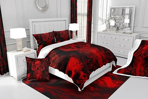 Miniatura 5 de Juego de ropa de cama de calavera gótica de Halloween, funda de edredón de esqueleto rojo y negro, tamaño matrimonial para niños, adolescentes,