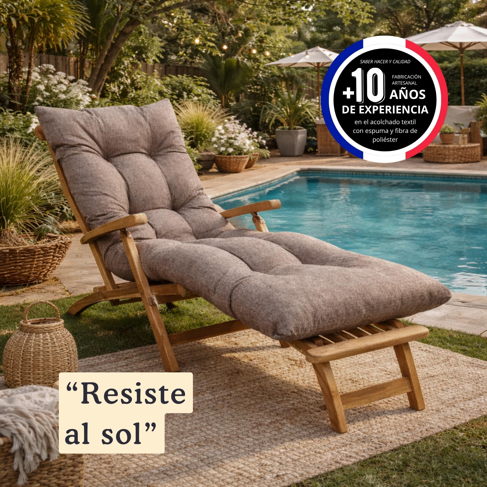 bananair – Cojín Tumbona Exterior para Silla de Jardín – Grueso, Súper Confortable y Acolchado – Fabricado en Francia – Colchoneta para Hamaca y Tumbona con Fijación Fácil (185x60x15 cm, Beige)