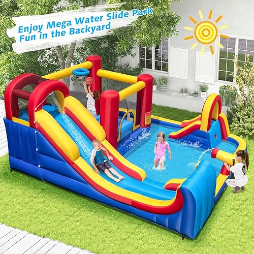 Miniatura 2 de BOUNTECH Tobogán acuático inflable, tobogán de surf 7 en 1, castillo de salto para parque acuático para niños, toboganes acuáticos inflables para