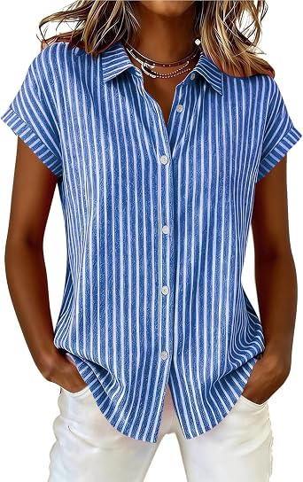 Aymnlox Women Cotton Linen Striped Button Down Short Sleeve Collared Blouse