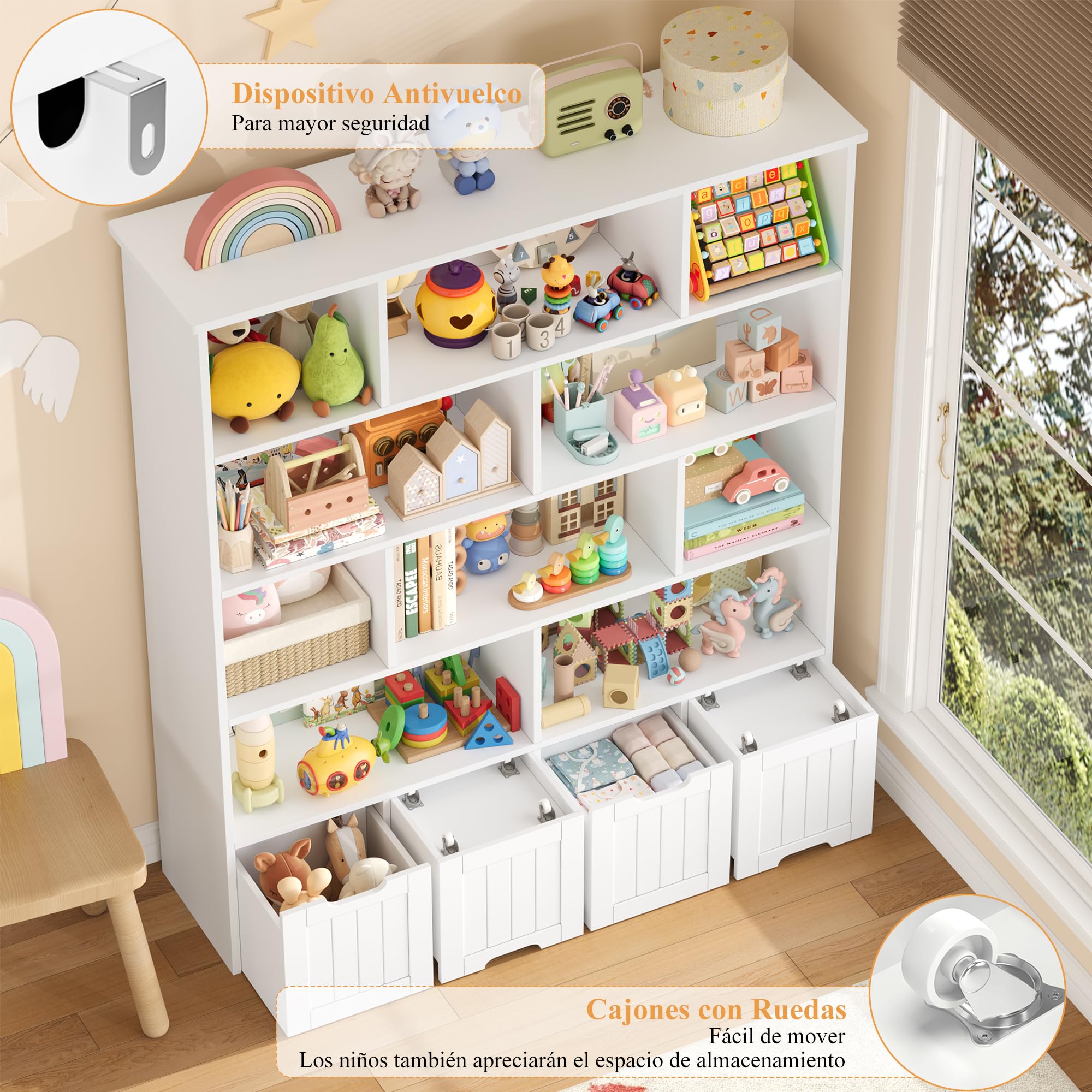 FOREHILL Mueble Organizador Juguetes, Mueble Almacenaje Juguetes, Estanteria Montessori, Organizador de Juguetes Infantil, 4 Cajones con Ruedas, 10 Compartimentos, Blanco 125.5x33x146 cm