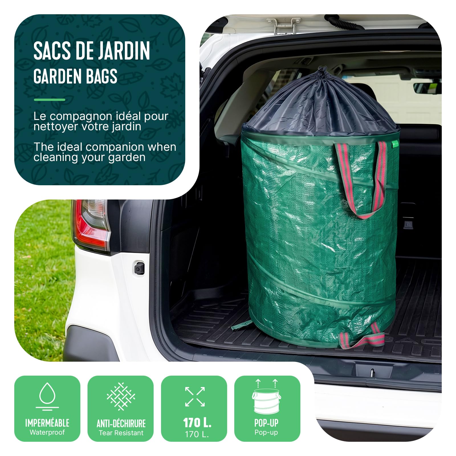 VOUNOT® 3 x Sacos Basura 170L Bolsas de Basura de Jardín Pop Up, Bolsa Residuos con Asas, Plegables y Reutilizables