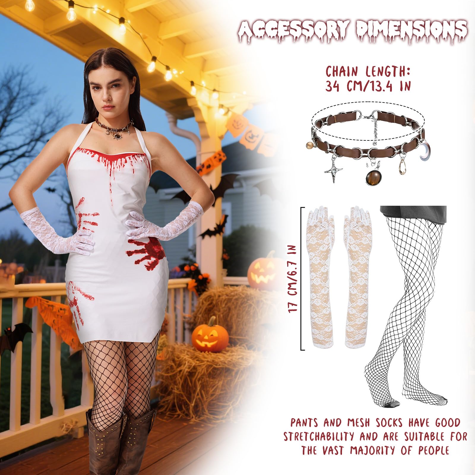 Crazycos Women’s Halloween Bloody Dress with Fake Blood Stains & Lace Gloves Gothic Party Costume Cosplay Outfit Haunted Theme Party Scary Elegant Design Halloween Costume for Adult Ladies-M White - Image 4