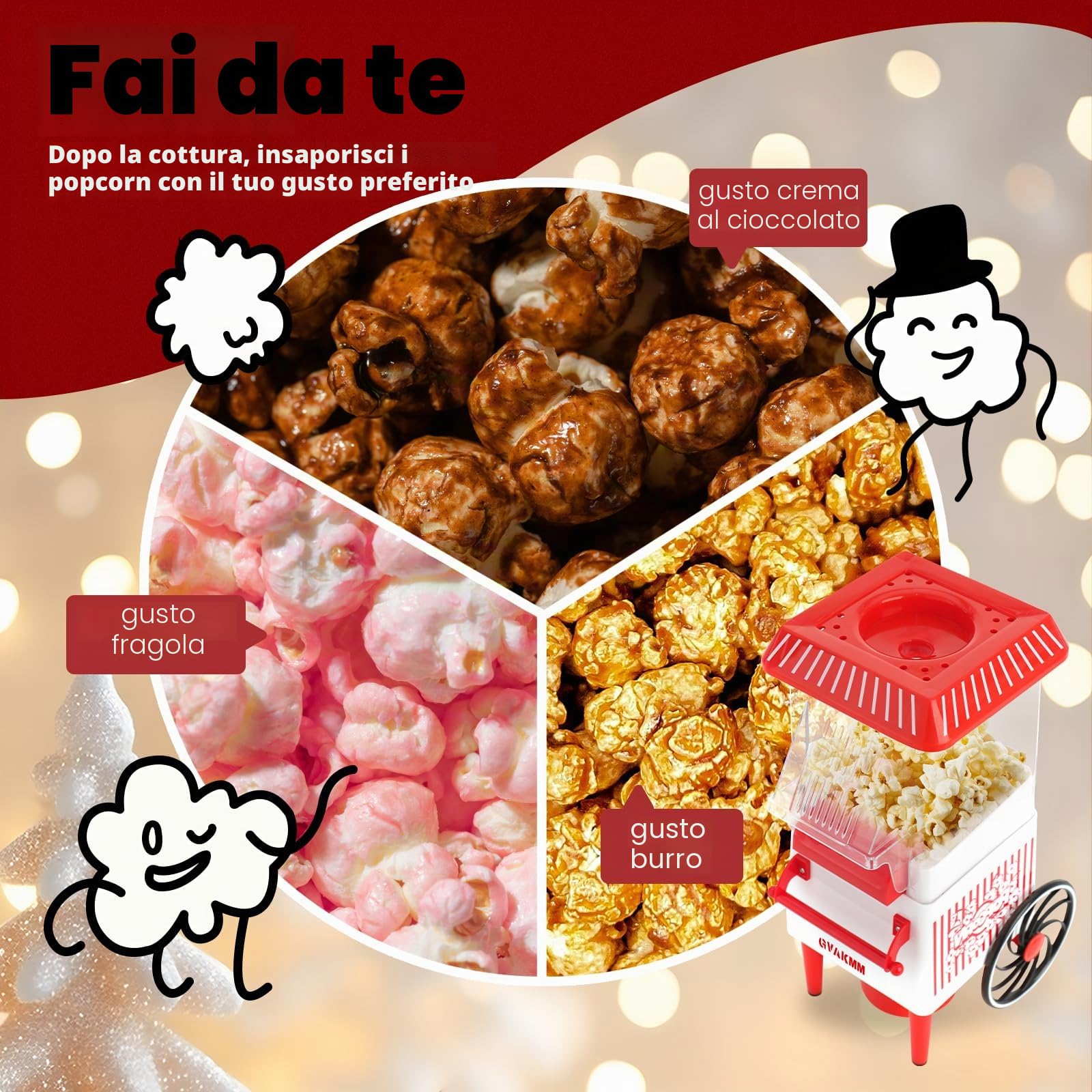 Macchina per popcorn, kit per popcorn ad aria calda, scatola regalo portatile, macchina per popcorn domestica, 10 tazze, senza olio, stile retrò, compatta EU