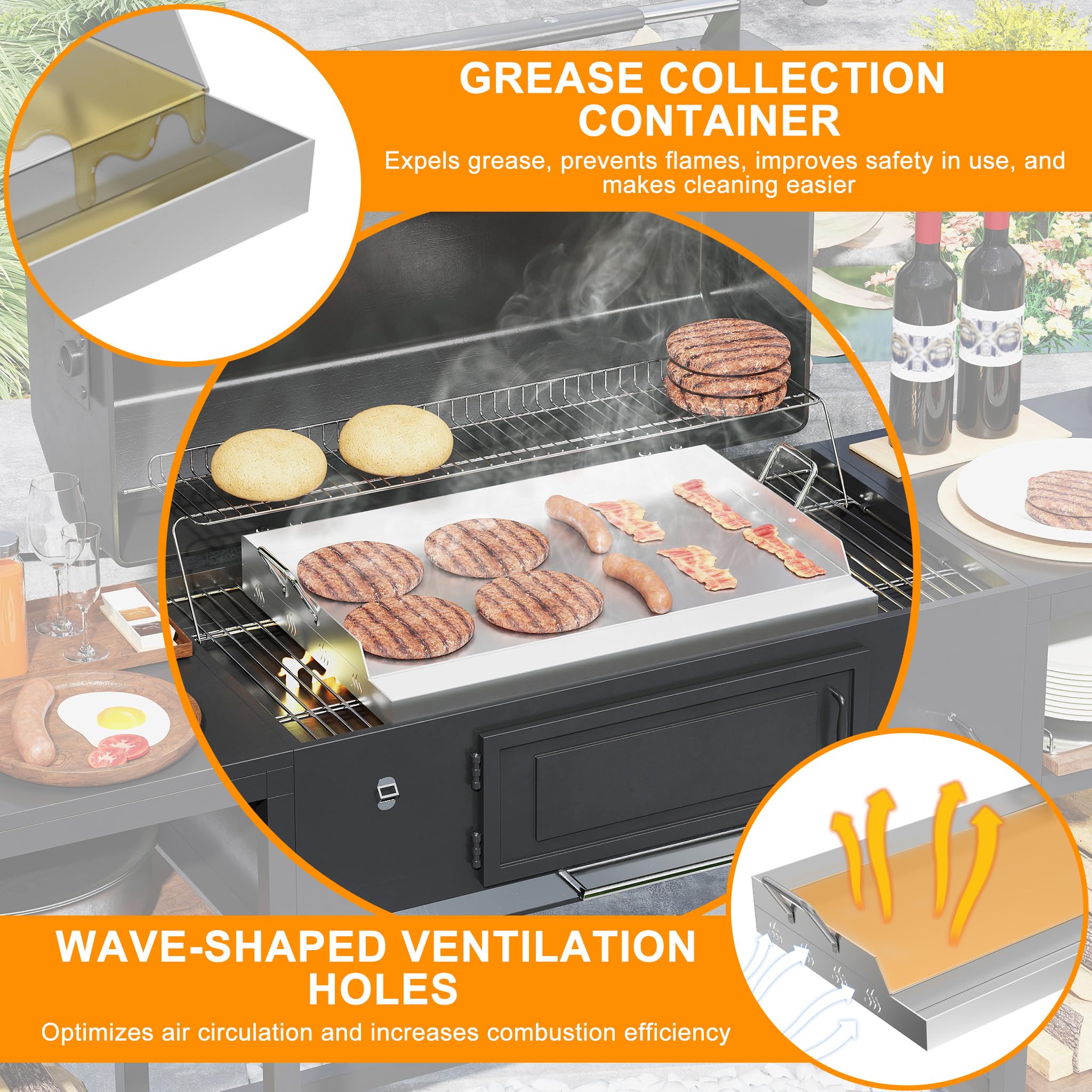 Froadp Edelstahl Grillplatte | 47x32x7cm Universal BBQ Plancha mit Ölrinne | BBQ Plancha für Gas- & Holzkohlegrill | Grillzubehör inkl. Spachtel & Griffen
