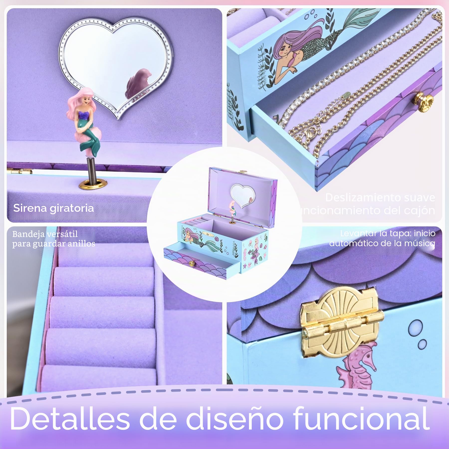 Joyero Musical Sirena para Niñas con Sirena Giratoria y Espejo - Regalo de Cumpleaños y Navidad para Niñas 3-10 años(Violeta)