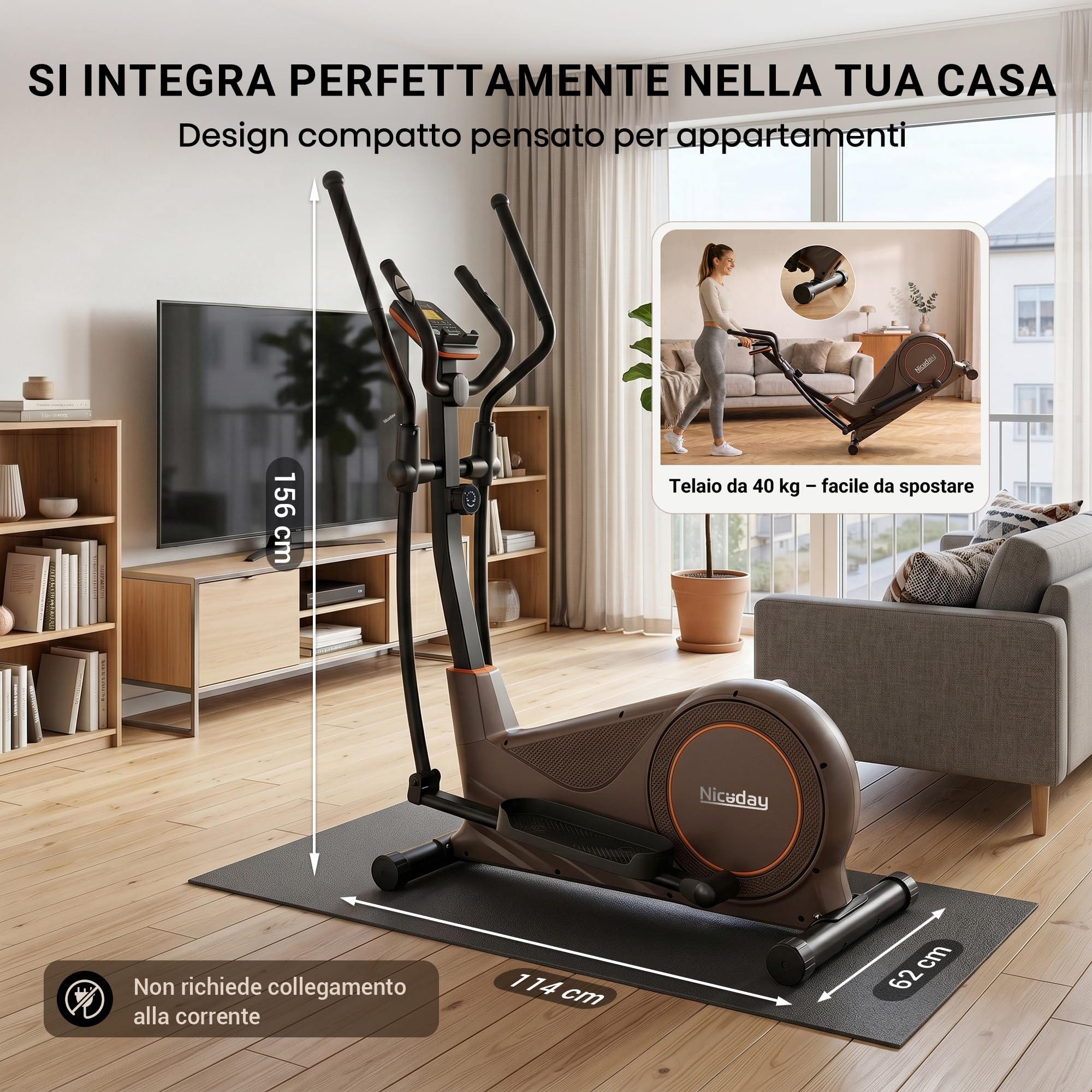 Niceday Ellittica Magnetica per Casa | 16 livelli magnetici e volano da 8 kg per un cardio fluido e a basso impatto, ideale per appartamenti e famiglie.