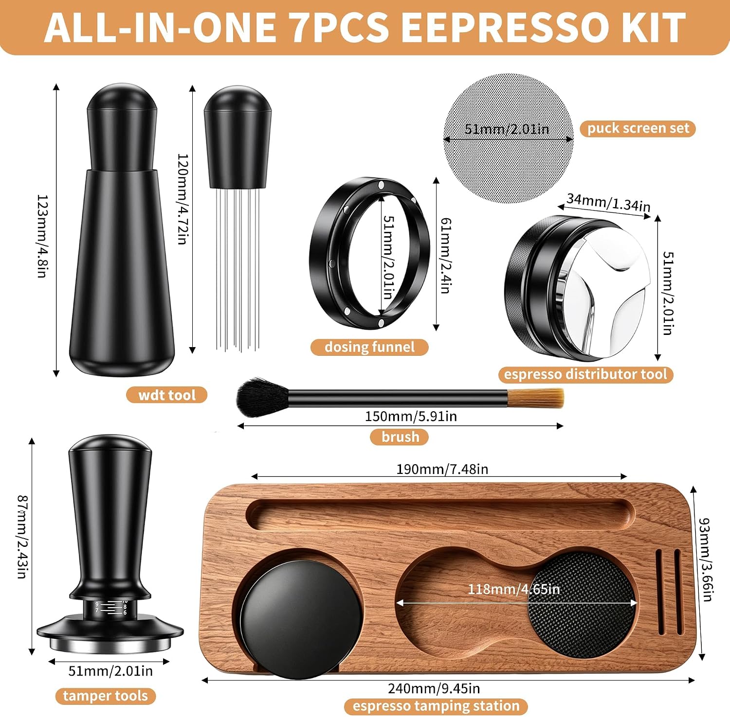 51mm Espresso Accessories Kit with Wood Tamping Station 7-Piece