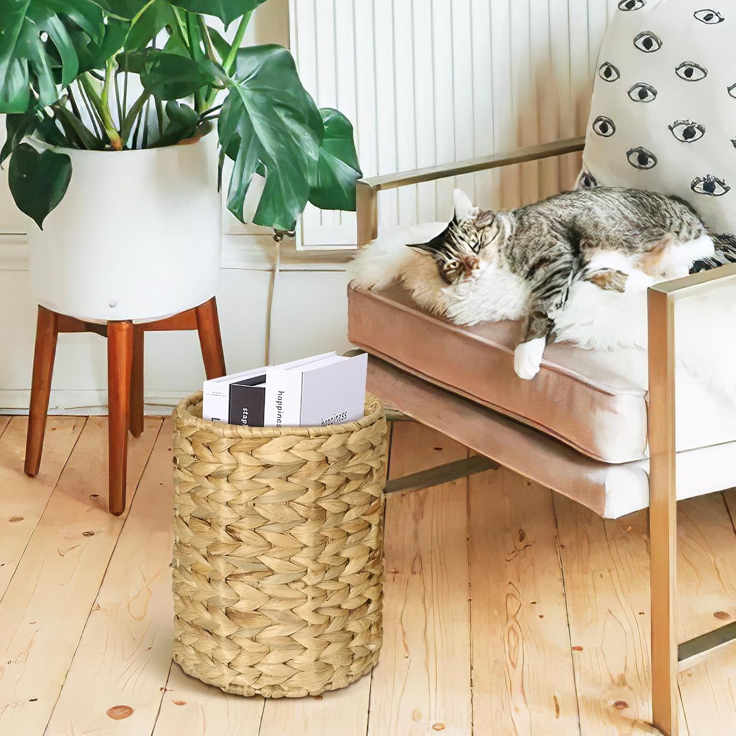 Boho Wicker Trash Can with Lid,Bathroom Trash Can with Trash Bags Hand Woven Water Hyacinth Trash Basket for Kitchen Bedroom Office