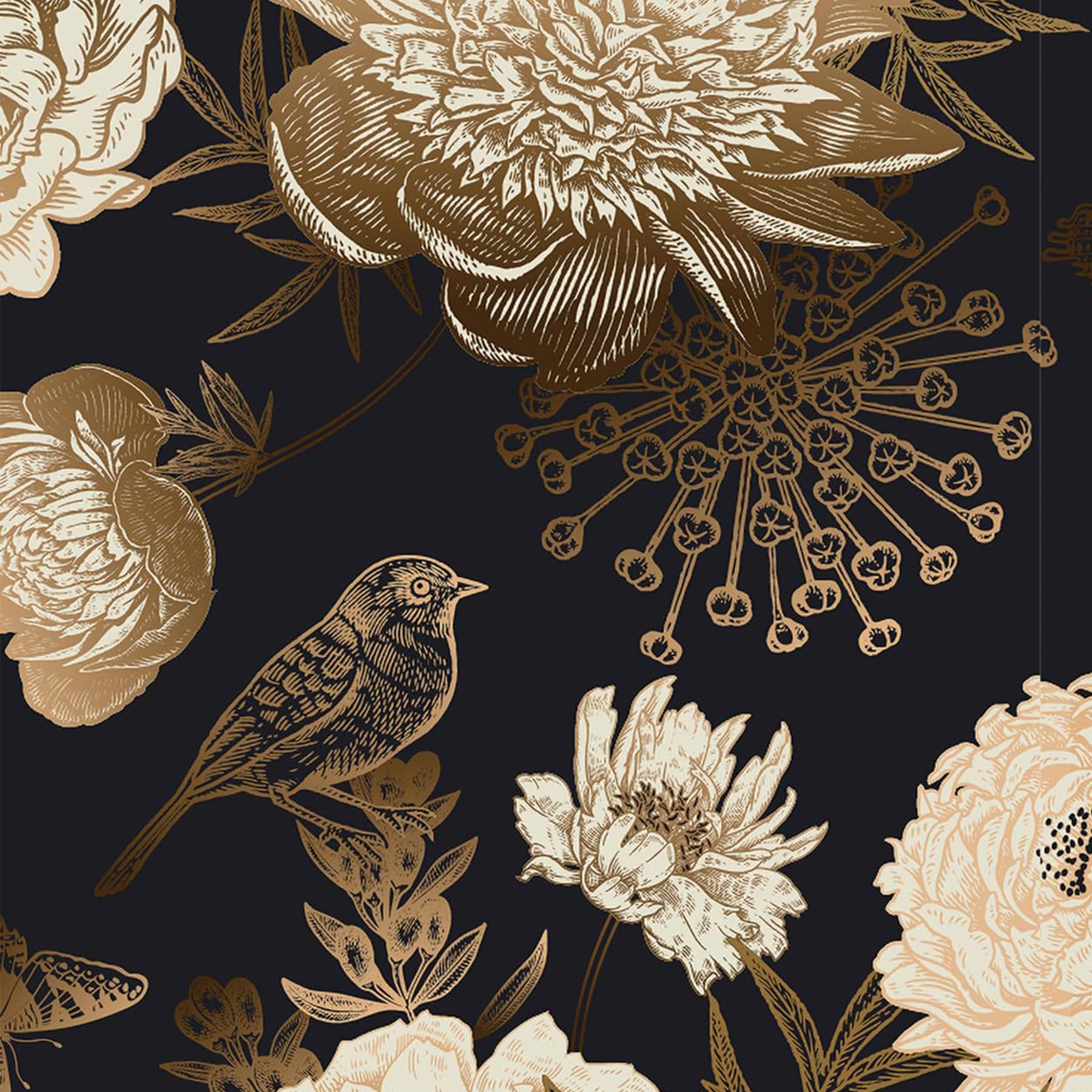 Decotalk Tapete Schwarz Gold Blumen Selbstklebende Tapete Blumen Schlafzimmer 44.5X900cm Klebefolie Schwarz Gold Wandtapete Selbstklebend Möbelfolie Dekorfolie Klebefolie PVC Vinyl Wandaufkleber