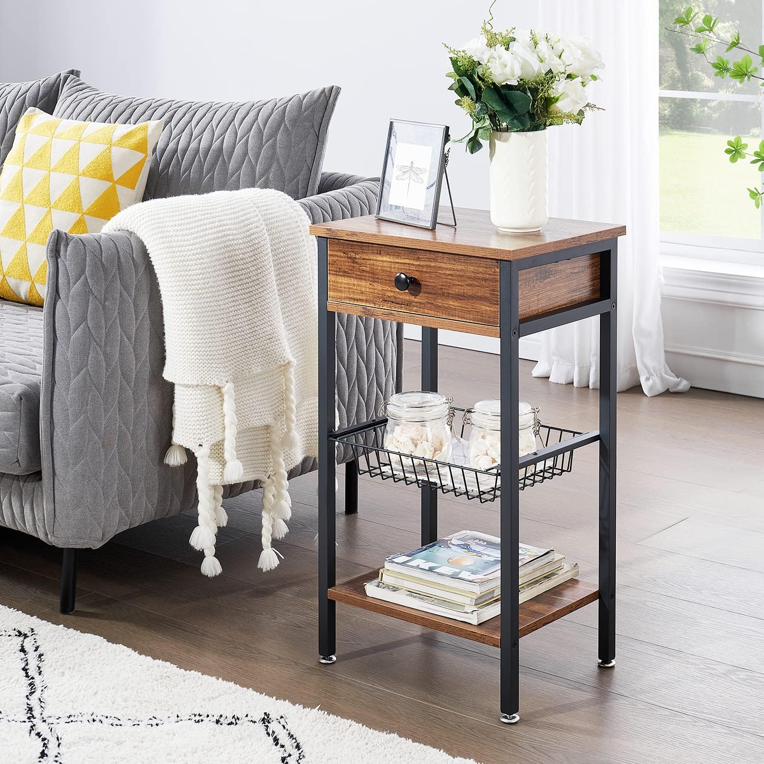 VECELO Versatile Side End Table, 27.6” Tall Nightstand with Storage Drawer and Basket for Living Room/Bedroom/Kitchen/Office, Industrial Metal Frame, Set of 2, Dark Brown