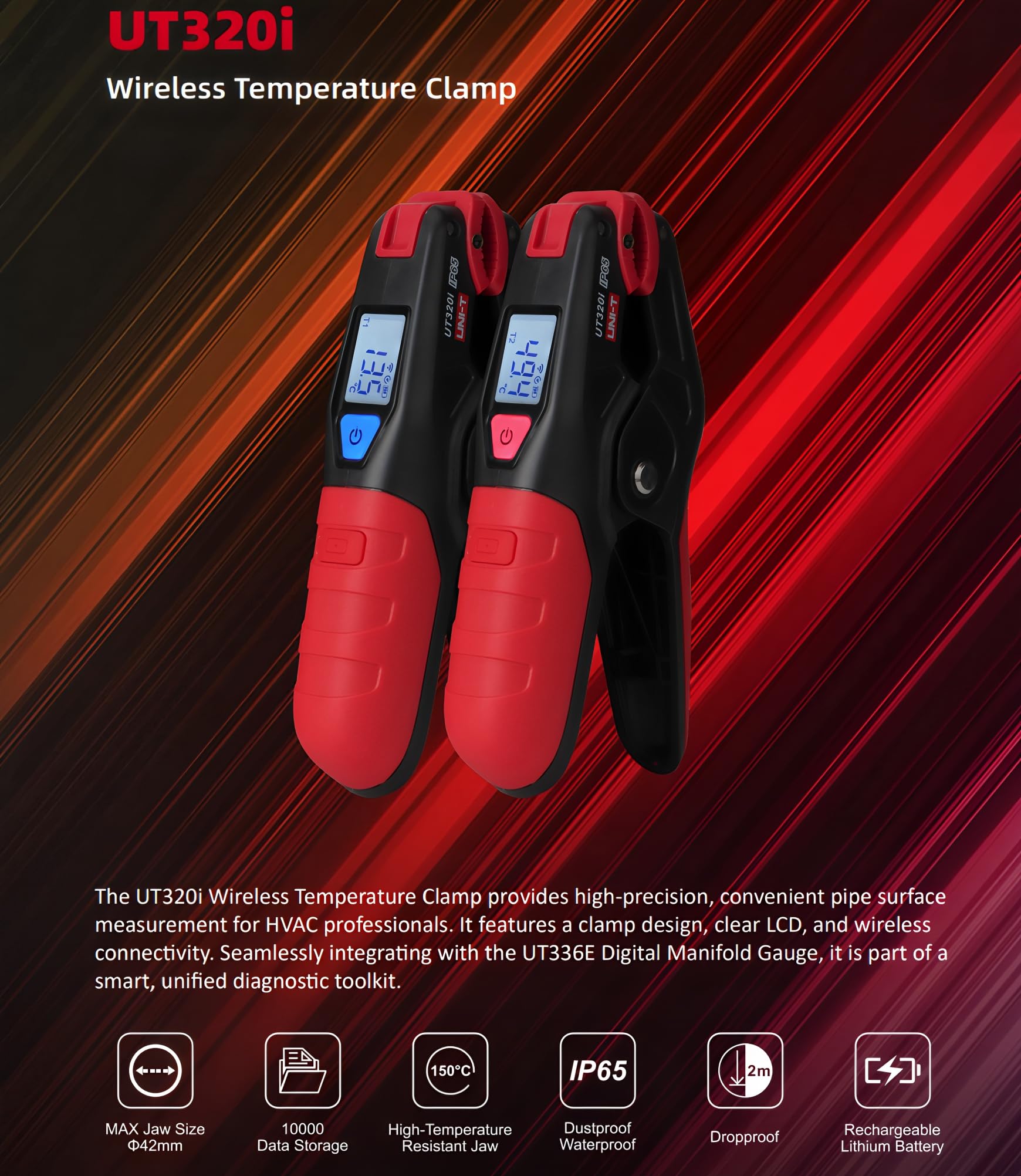 Termometro a pinza senza fili UNI-T UT320i – Termometro ad alta precisione per tubazioni HVAC con connettività APP 100 m e grado di protezione IP65