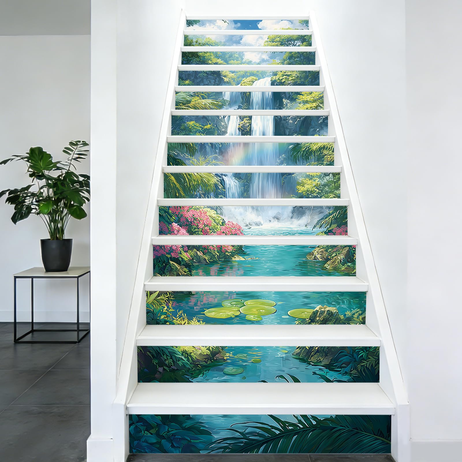 PLIGREAT 15 tiras de calcomanías para escaleras, diseño de cascada de bosque, despegar y pegar, calcomanías para escalones, 18 x 100 cm, murales de vinilo autoadhesivo para decoración del hogar y
