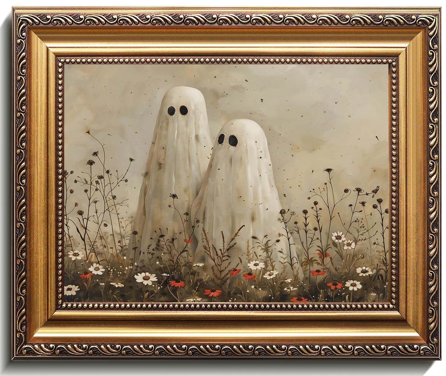 uniro Vintage Gold Framed Wall Art, Vintage Cute Ghosts in Wildflower Meadow Canvas Painting, Spooky Fall Halloween Wall Art Prints Ghost Decor, Moody