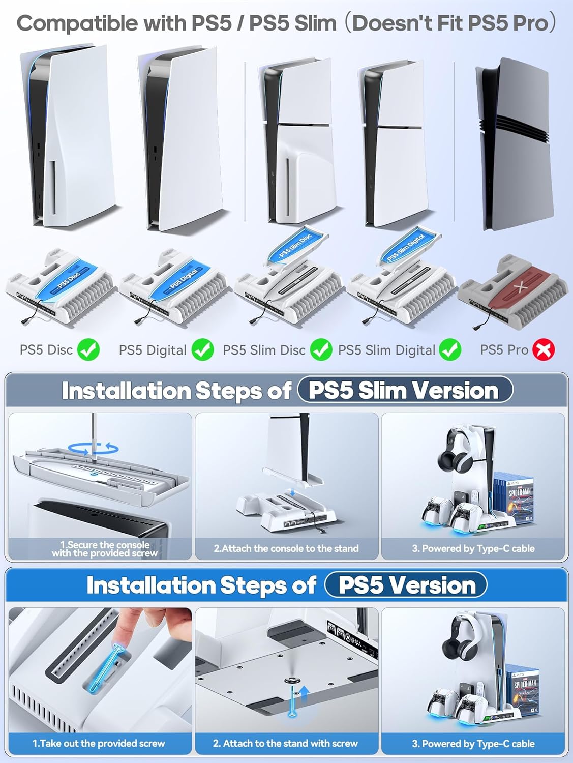 PS5/Slim Stand and Cooling Station with LED Controller Charging Station for PS 5 Console, Controller Charger, Cooling Stand, PS5/Slim Accessories Kit with 3 Level Cooler Fan 3 81C7Xs8VLmL. AC SL1500