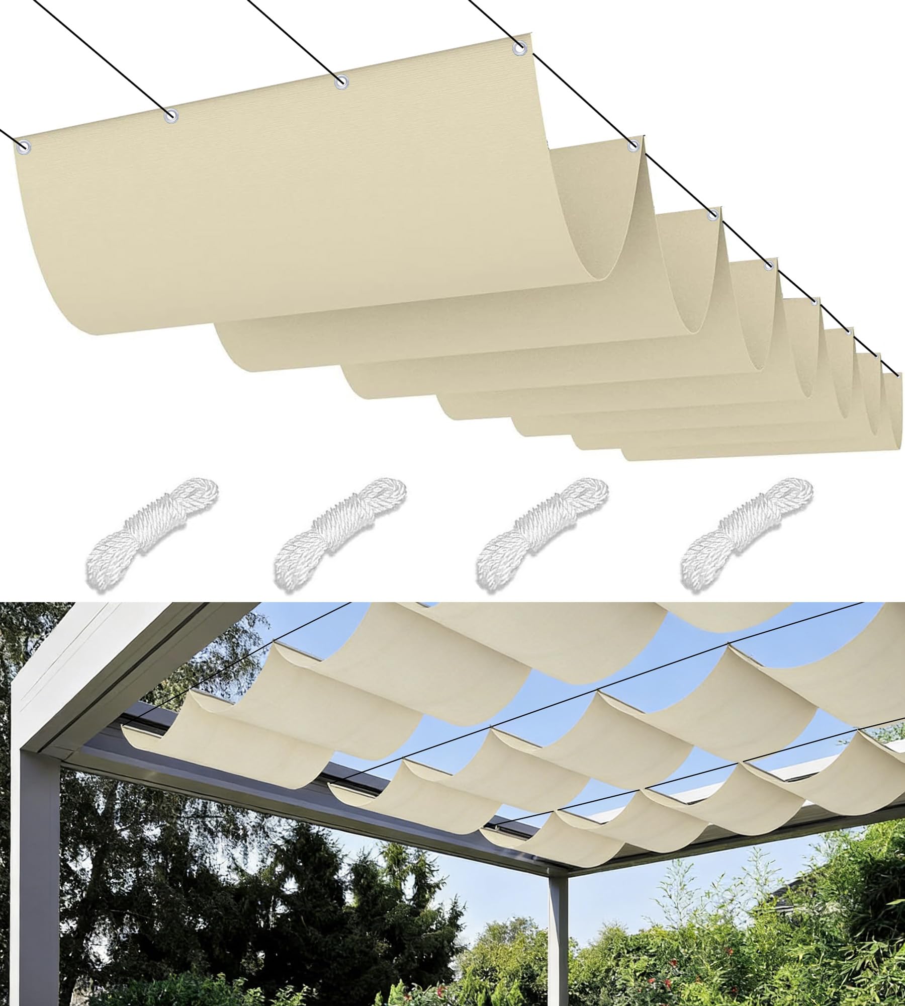 Retráctil Toldo Vela Rectangular 2x6M Toldos Exterior Terraza Impermeable Ondulada Toldo Vela de Sombra con Ojales y Cuerdas 95% protección UV para Exterior Patio jardín Crema