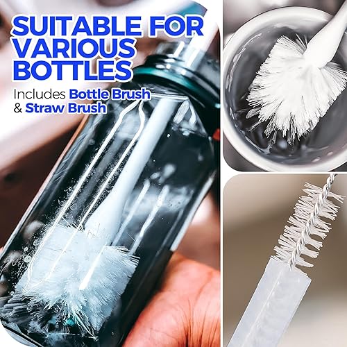 Miniatura 4 de Holikme Juego de 5 cepillos limpiadores de botellas, cepillo limpiador de botellas con mango de bambú de 14 pulgadas, 3 cepillos para popotes,