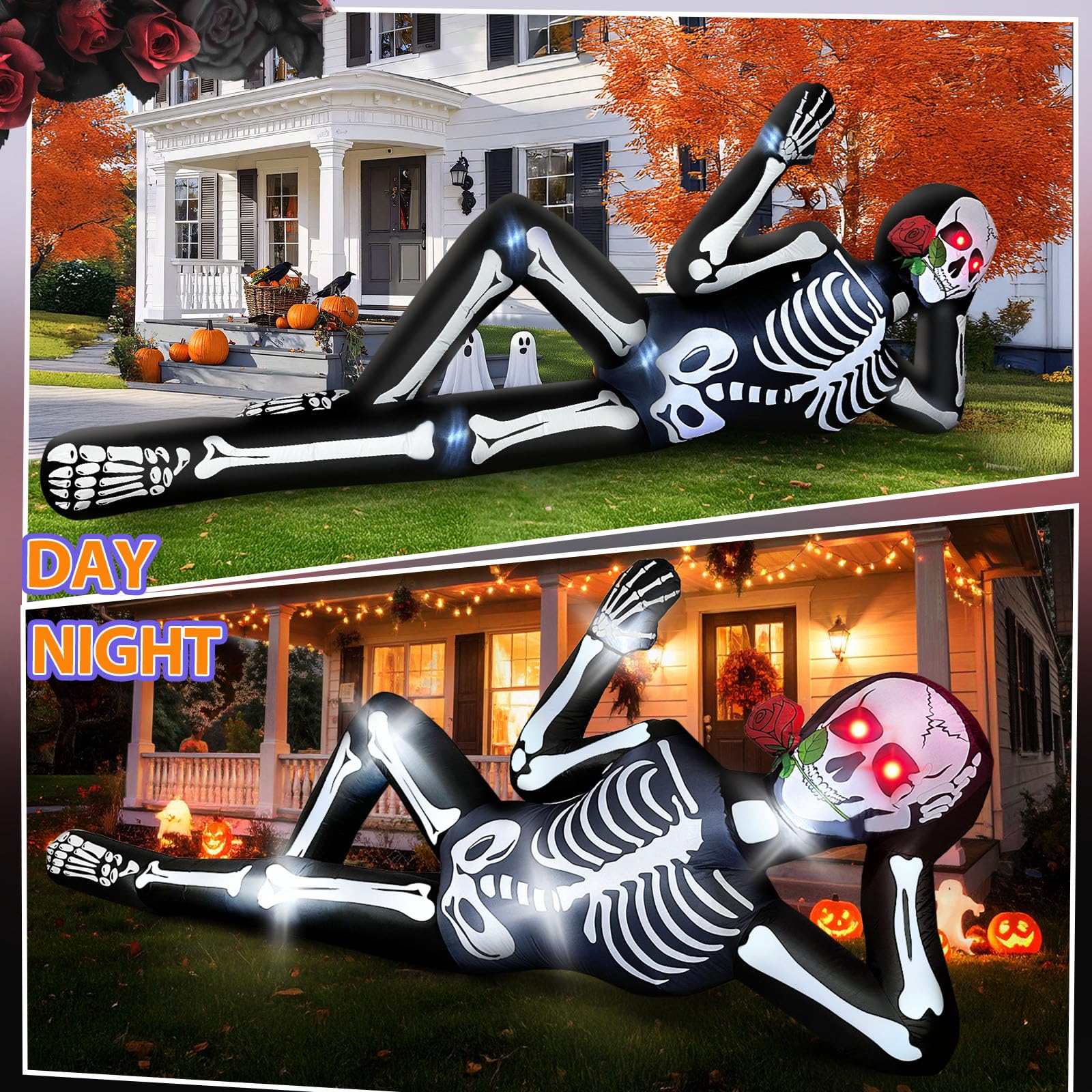 Décoration d'extérieur gonflable d'Halloween de 3 m avec lumières LED, squelette géant allongé pour toit, jardin, pelouse, balcon, vacances, décorations de fête