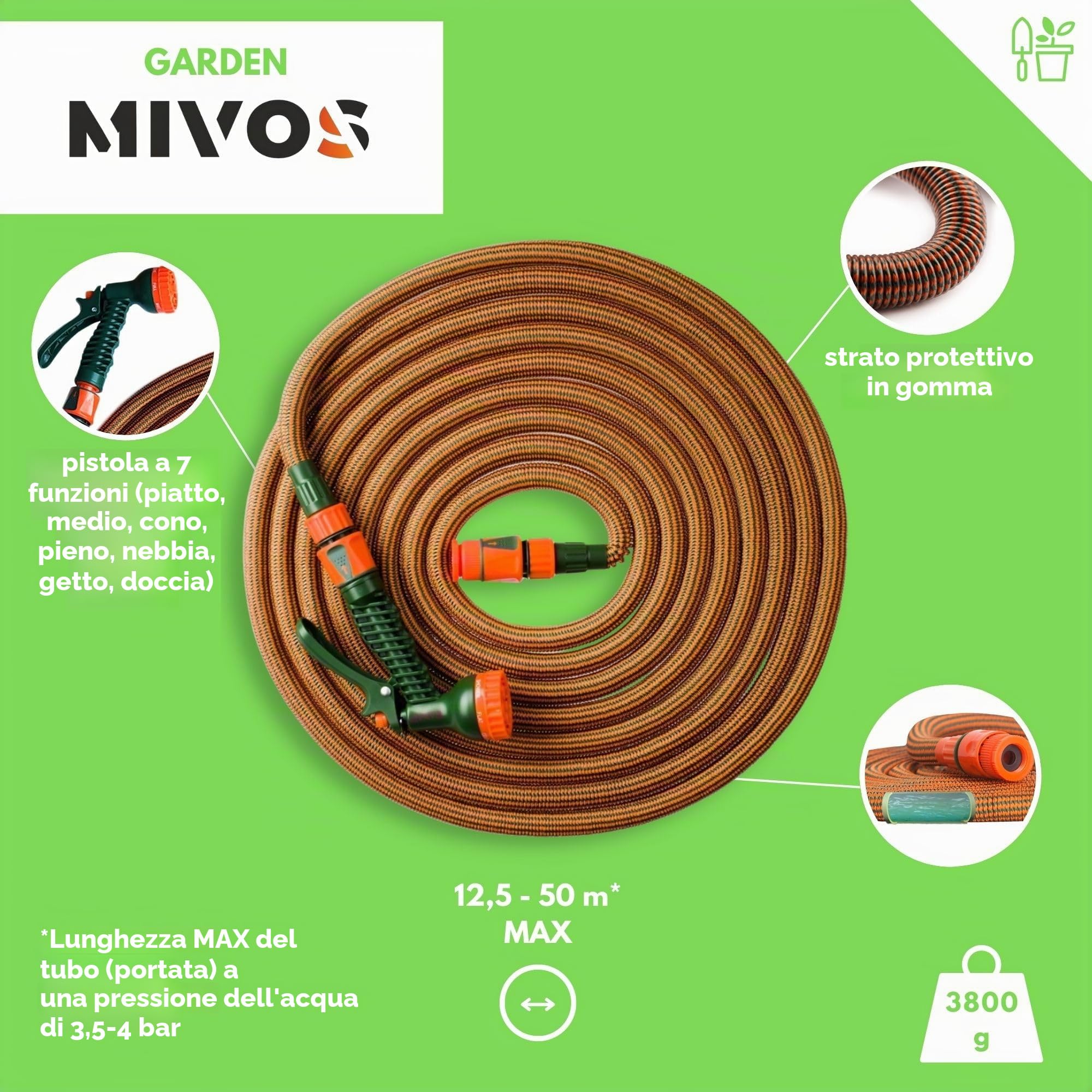 Mivos Tubo flessibile per acqua fino a 50 m di lunghezza – per rubinetti da 1/2 e 3/4 pollici – Tubo da giardino leggero e senza pieghe per irrigazione e pulizia – Tubo estensibile con doccetta da