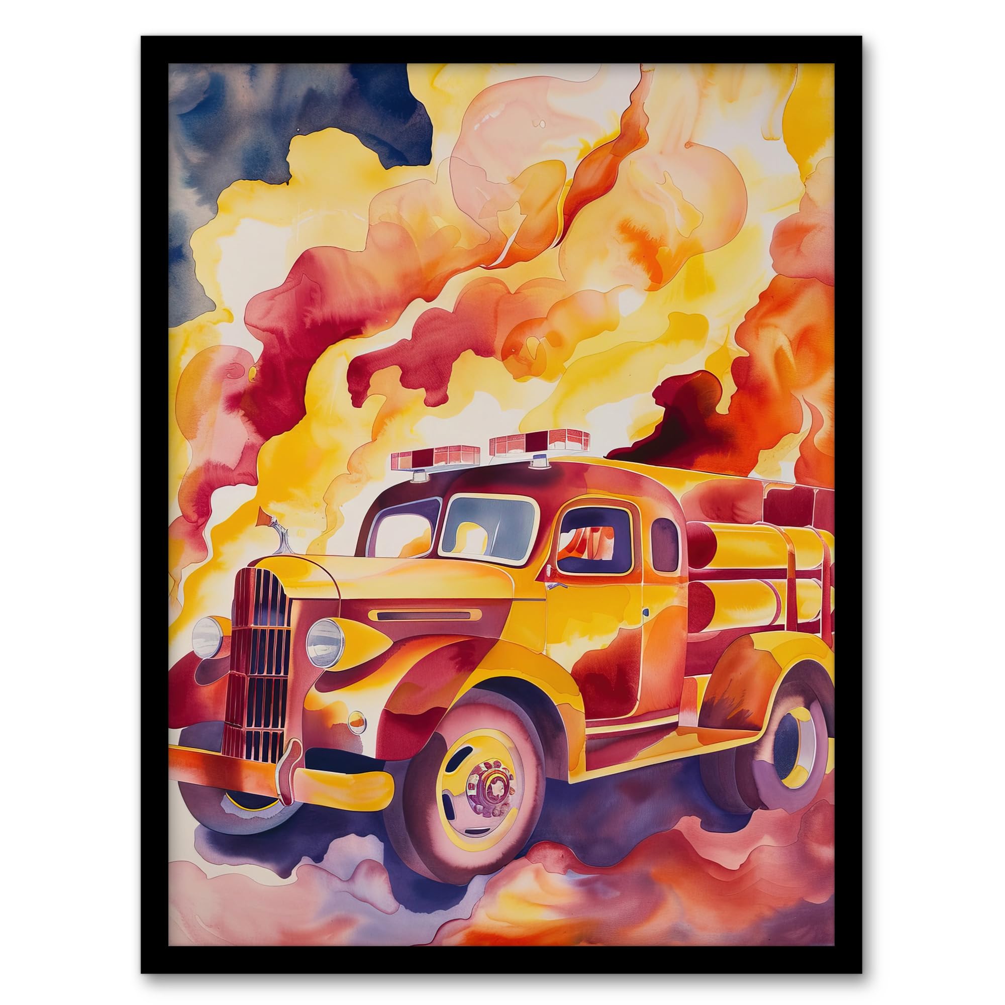 Artery8 Fire Truck on Fire Orange Lilac Red Watercolour Living Room Artwork Framed Wall Art Print 18X24 Inch