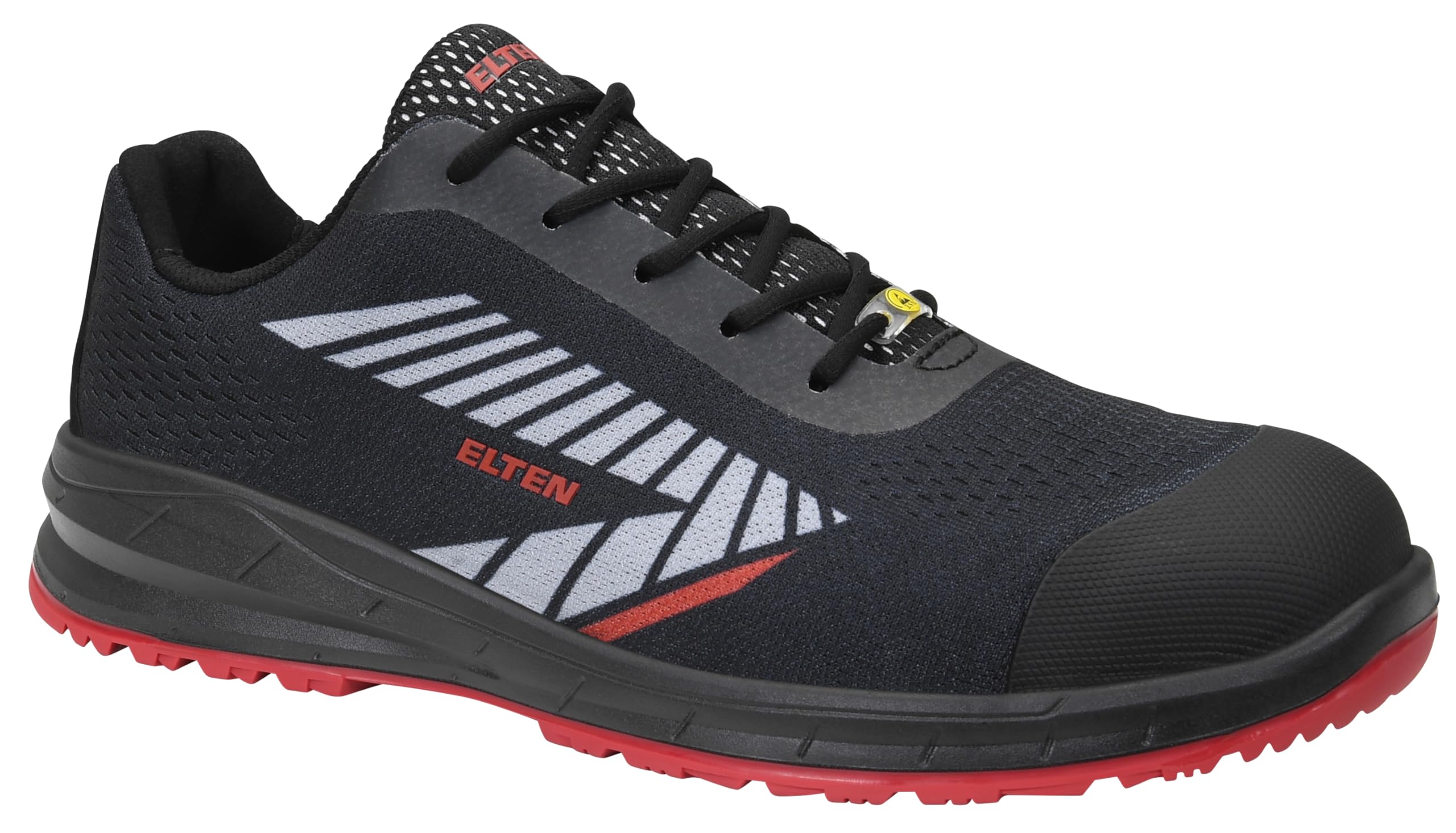 ELTEN Obuwie ochronne Larkin XXSports Black-Grey Low ESD S1P, dla kobiet i mężczyzn, tekstylne, stalowe noski, lekkie, sportowe, czarne/czerwone