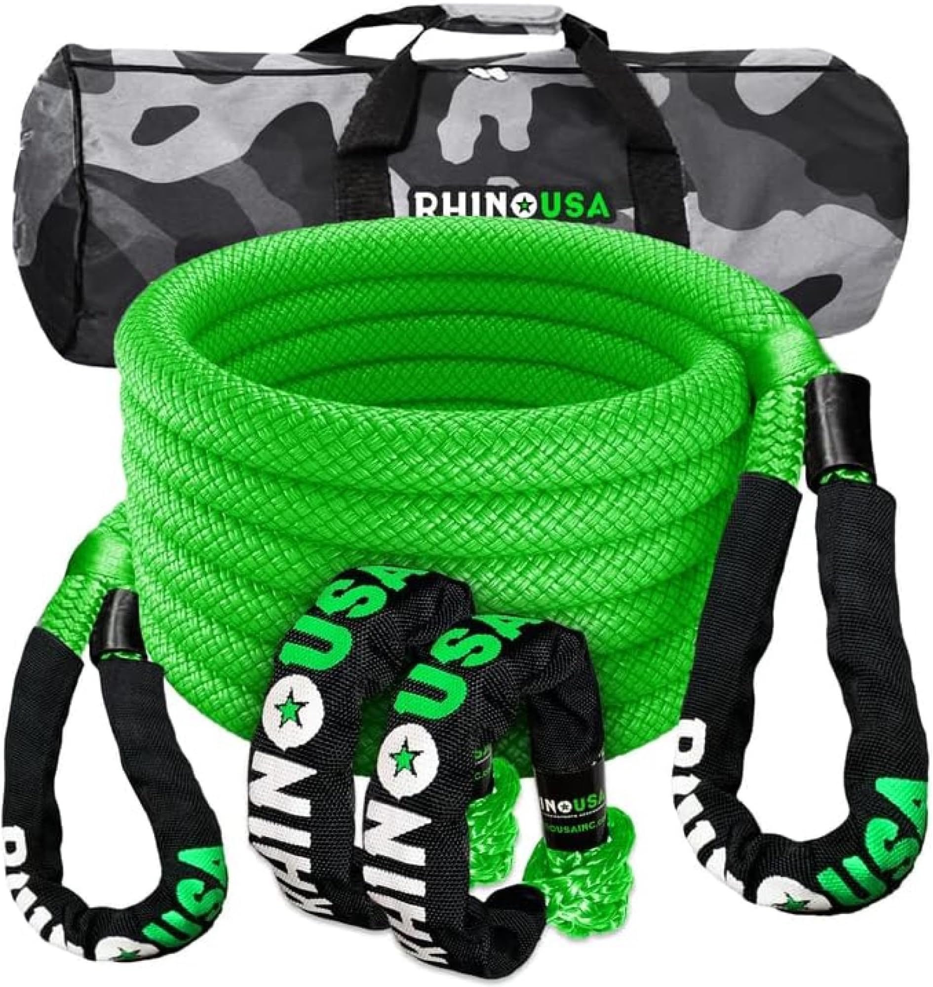 Rhino USA Kinetic Tow Rope 13,000kg (2.2cm x 9m) - Heavy Duty Offroad 4x4 Snatch Strap Recovery Kit - Includes 2 Soft Shackles for UTV, ATV, Truck, Car, Tractor, Emergency Car Kit - Green