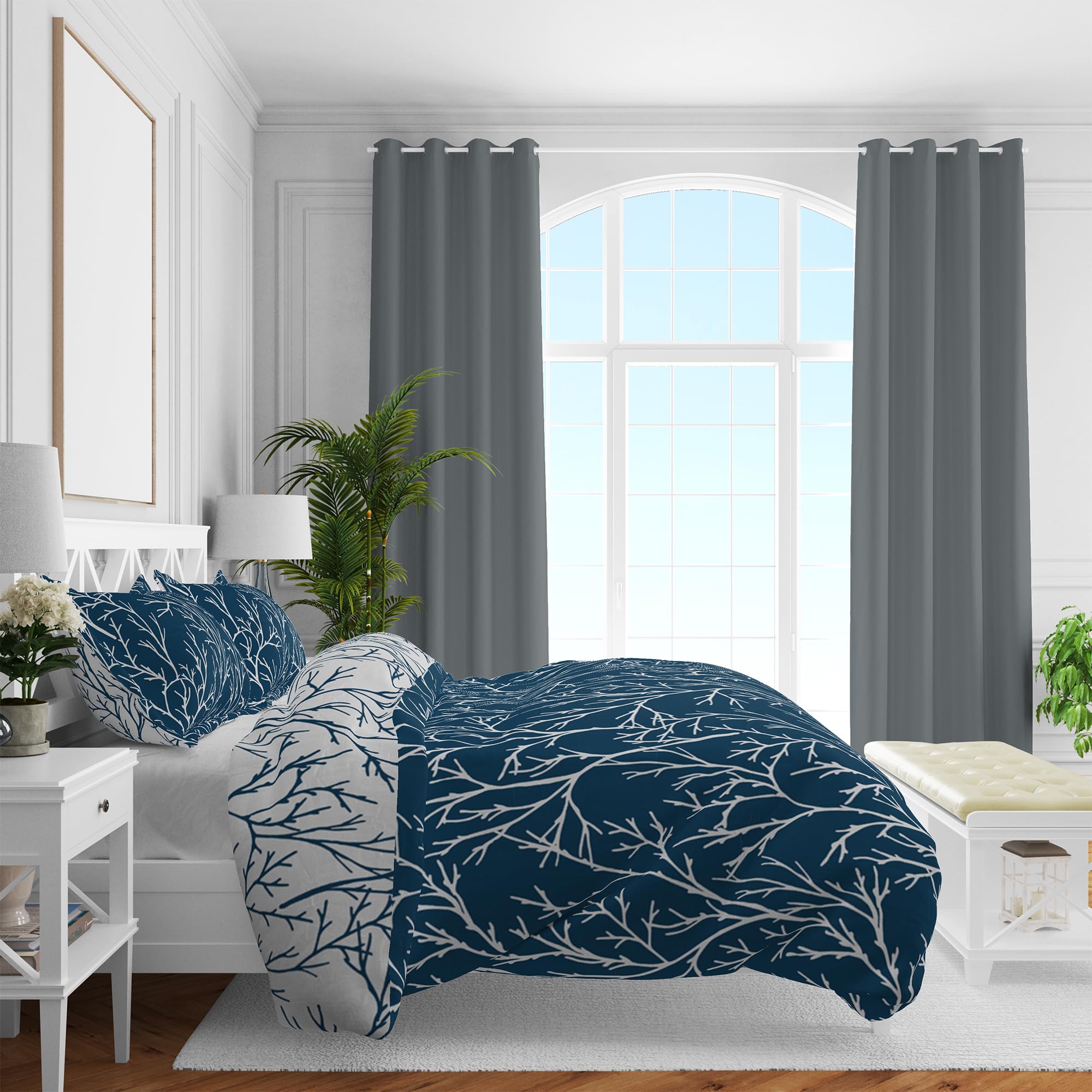 Brielle Desenli Pamuk Saten Nevresim Setleri, Lacivert, Queen Size