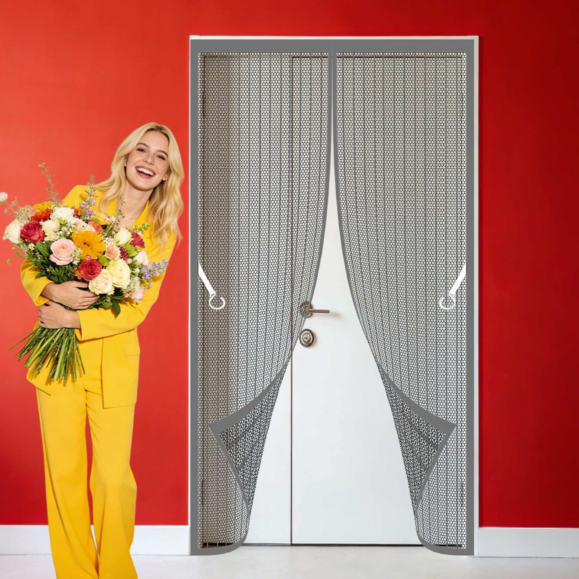 Taolitao Grey Magnetic Door Curtain 79 X 271 Cm Full Frame Magic Tape Mosquito Double Door Keeps Bugs Out Suitable For Balcony, Terrace, Cellar, Bedroom And Sliding Room,