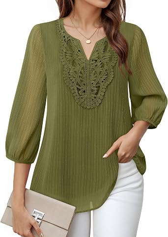VALOLIA Womens Casual 3/4 Sleeve Chiffon Blouses V Neck Layered Embroidery Tunic Shirts