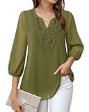 VALOLIA Women's Casual 3/4 Sleeve Chiffon Blouses V Neck Layered Embroidery Tunic Shirts