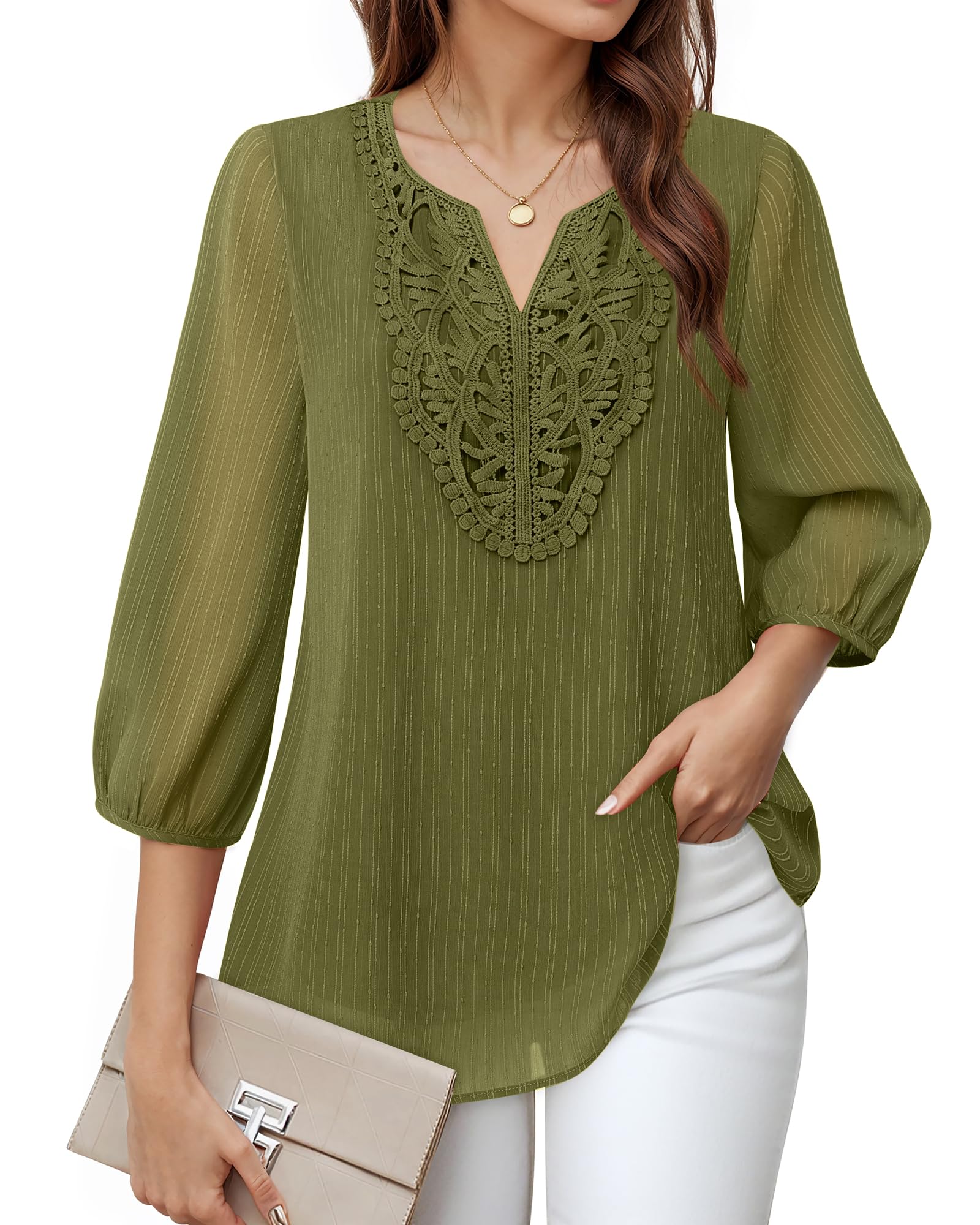 VALOLIA Women's Casual 3/4 Sleeve Chiffon Blouses V Neck Layered Embroidery Tunic Shirts