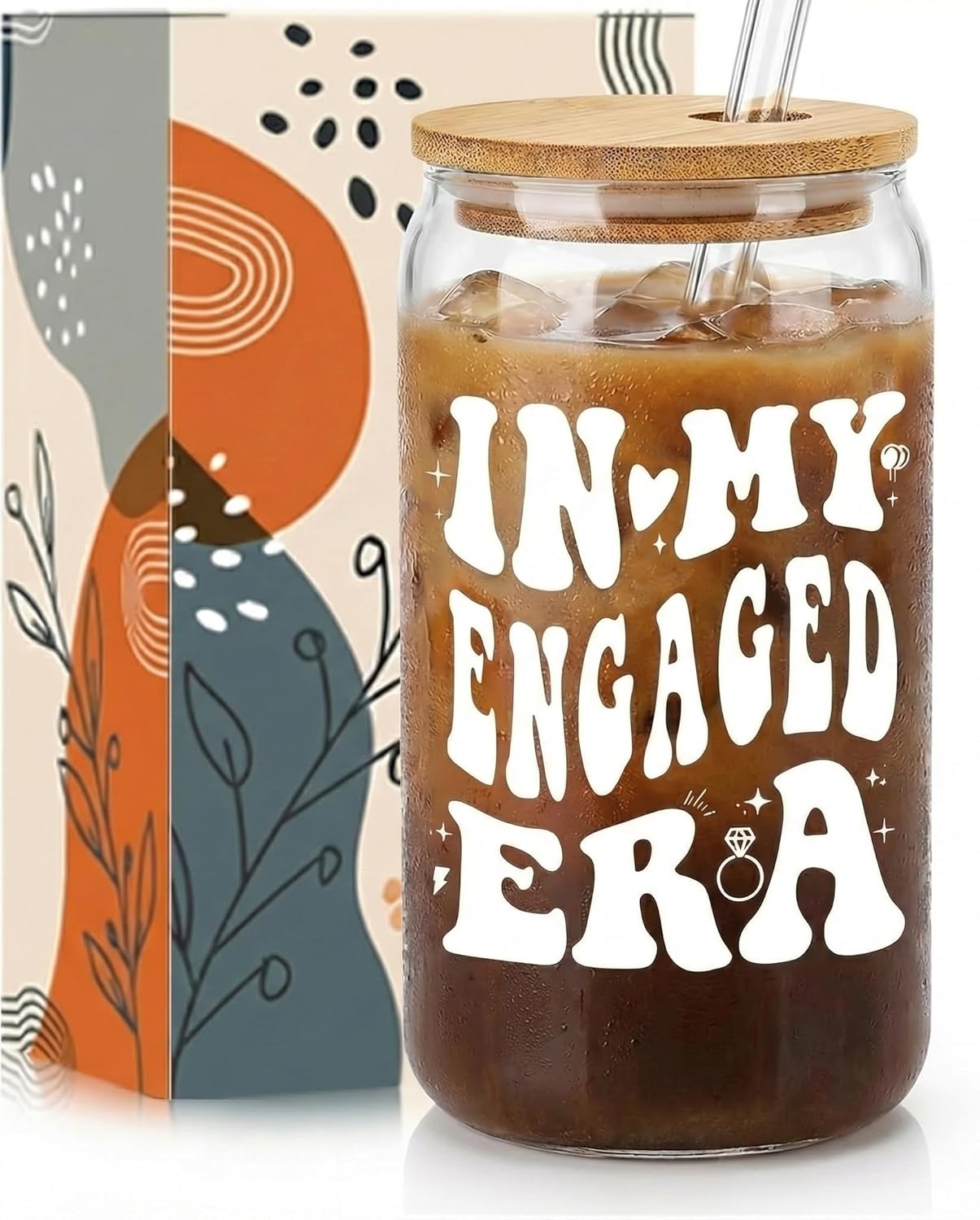 Cool Engagement Gifts for Women - Fiance Gift for Women, Future Mrs, Bride to Be Present, 16oz In My Engaged Era Iced Coffee Cup Can Glass with Lid & Straw & Gift Card