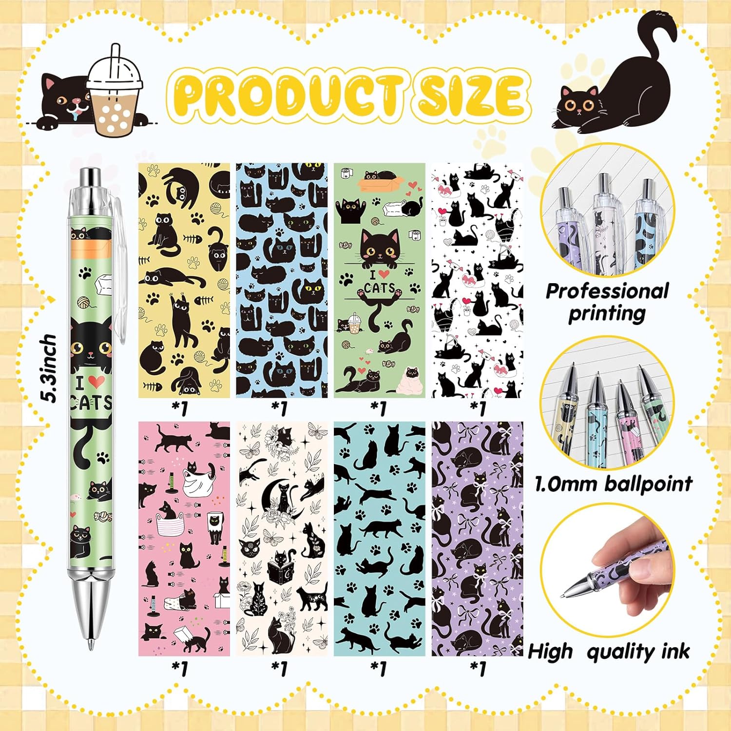 Ireer 8 Pcs Ballpoint Pens for Women 1.00 mm Cute Black Ink Fancy Pens Fine Point Smooth Writing for Students Classroom Office Supplies(Black Cat) - Image 2