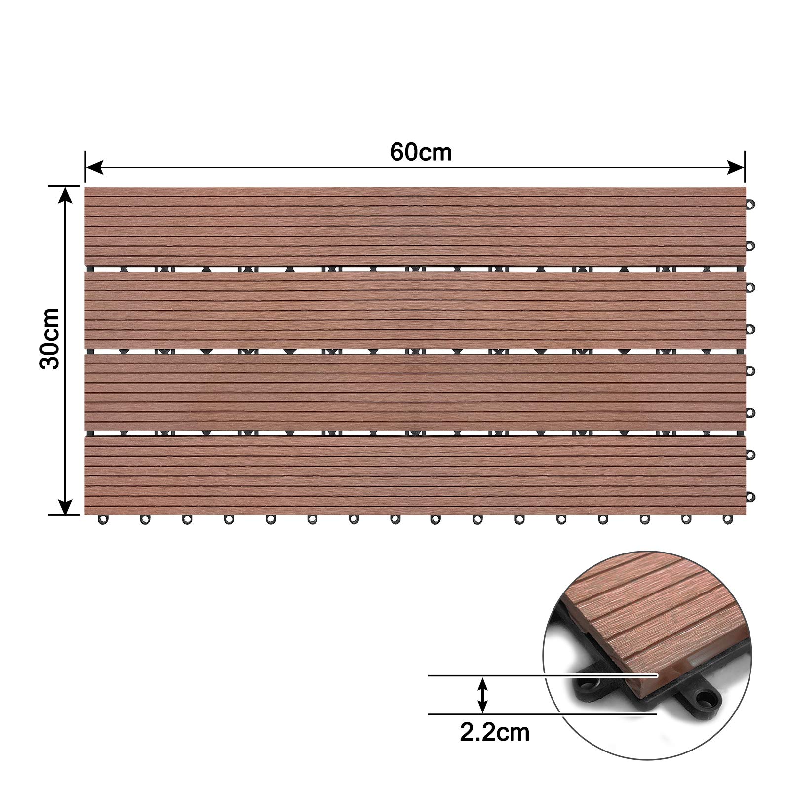 NAIZY Baldosas de madera para terraza 30x60cm Suelos de WPC Autoensamblaje Tablones de plástico con aspecto de madera para jardín Balcón Terraza (6 piezas por 1m2, marrón)
