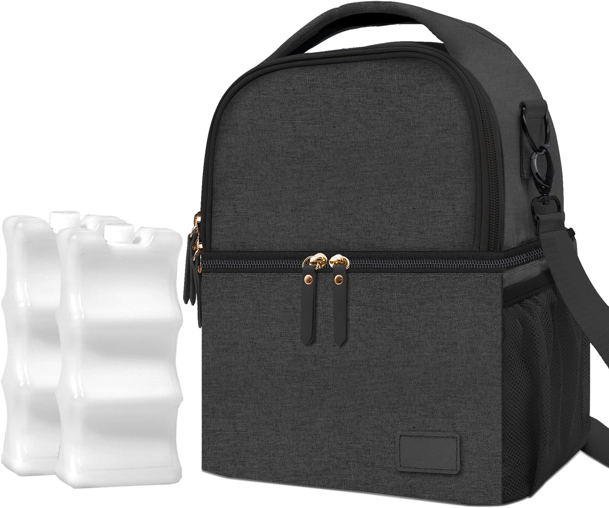 QIUXQIU Breast Milk Storage Cooler Bag with Ice Pack Insulated Lunch Bag for Women and Men Baby Bottle Bag Fits 6 Bottles for Nursing Mom Daycare Double Deck Cooling Bag Work Travel Picnic (Black)